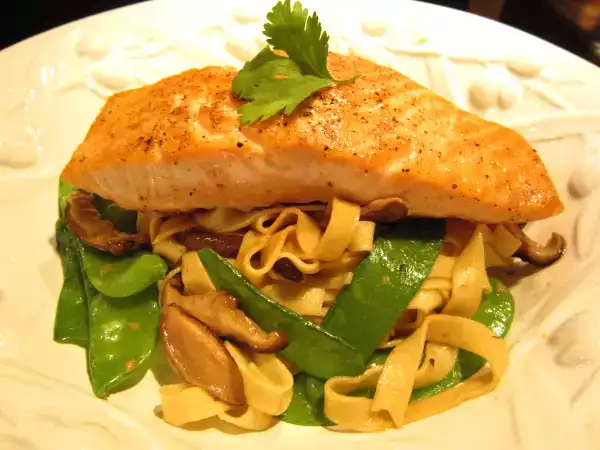 Recipe Seared salmon with shiitake and snow pea lo mein