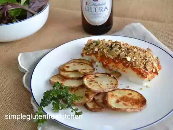 Recipe Crispy harissa fish with baked chips