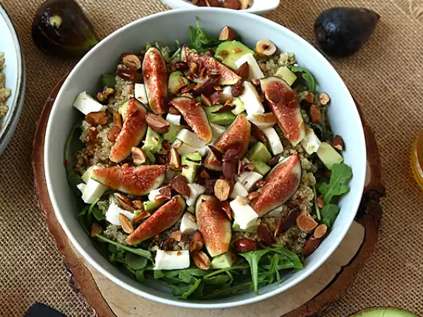 Recipe Sweet and savory fig, arugula, quinoa, mozzarella, and avocado salad