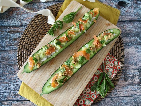 Recipe Cucumber boats with salmon, avocado and rice