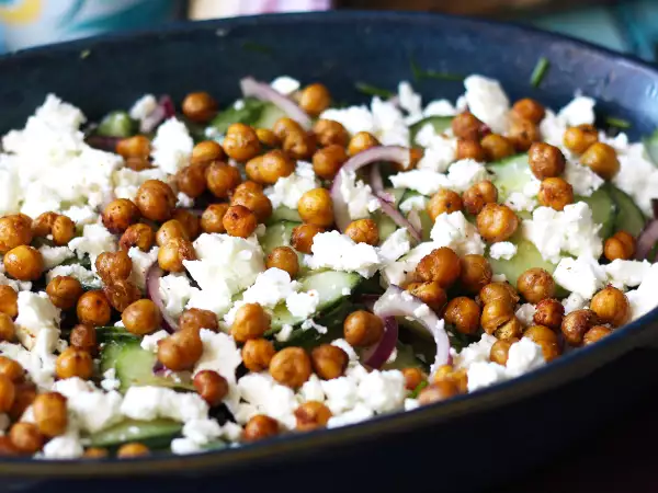 Recipe Cucumber, roasted chickpea, avocado and feta salad