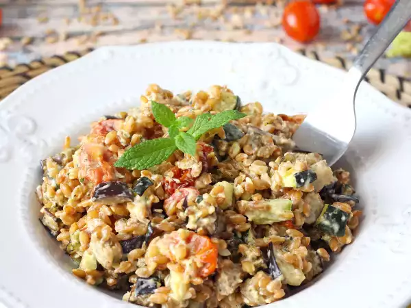 Recipe Creamy farro salad with zucchini, eggplant and cherry tomatoes
