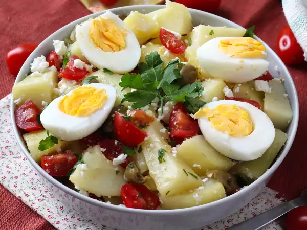 Recipe Potato salad with feta cheese, egg, and cherry tomatoes