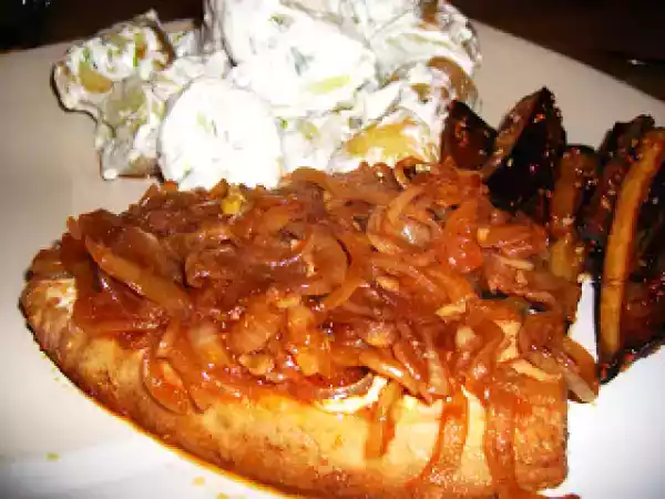 Recipe Tuna steak and caramelized balsamic onions with potato salad and honey pan fried parsnips