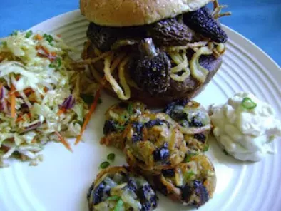 Recipe Morel mushroom stuffed teriyaki burgers and morel tater tots, with roasted garlic