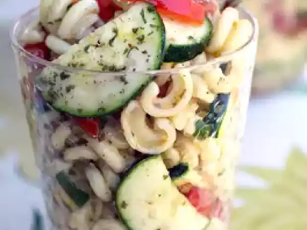 Recipe Cold tomato zucchini pasta salad with sherry shallot vinaigrette