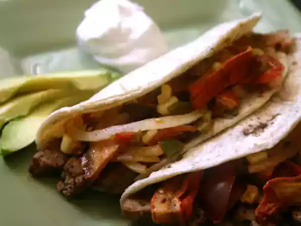 Recipe Vegan steak tacos with grilled lobster mushroom, heirloom cherry tomato and corn salsa