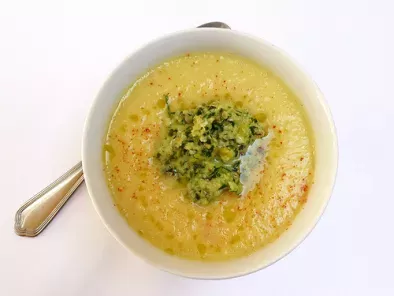 Recipe Chilled pineapple and cucumber soup with a garlic, basil and brazilian nut pesto