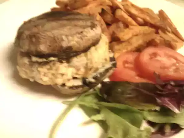 Recipe Rosemary salmon burgers with portobello mushroom caps...and sweet potato fries ! yum