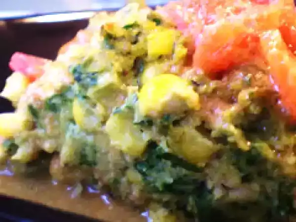 Recipe Vegan spinach, corn and cornbread stuffing with vegan tomato picatta sauce