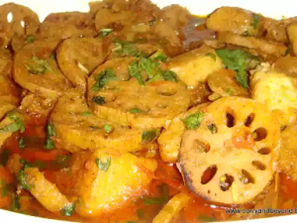 Recipe Curried lotus roots with potatoes - kamal kakdi aur aloo ki subzi