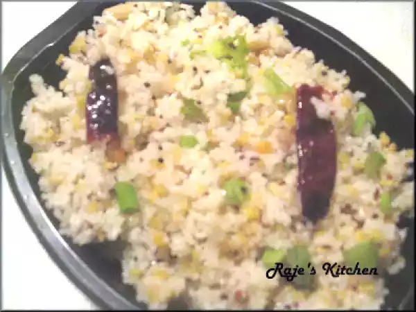Recipe Rice rava upma with chana daal and scallion garnish