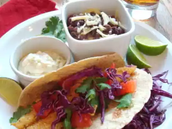 Recipe Corn-crusted fish tacos with jalapeno-lime sauce and spicy black