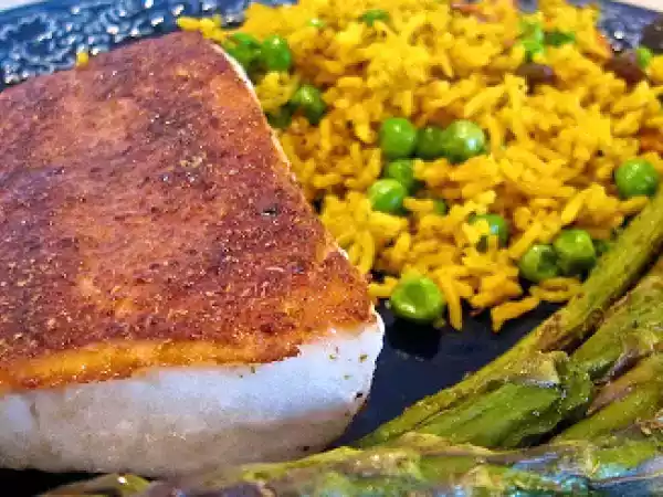 Recipe Jean-georges spiced mahi-mahi with masala hari matar pulau (savory rice & green pea pilaf)