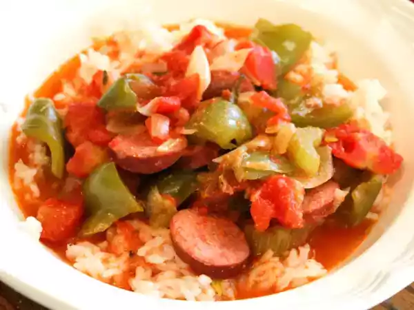 Recipe Sausage and peppers over rice
