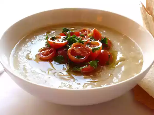 Recipe Cold puree of fava bean soup with cherry tomato and basil relish