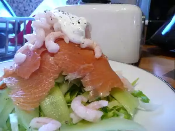 Recipe Smoked salmon and prawn, ribbon cucumber and lemon creme fraiche salad