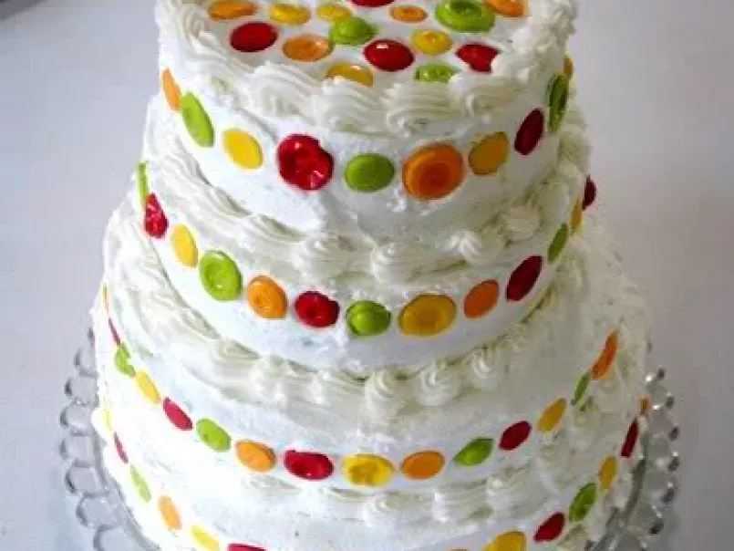 Almond Cake with Raspberry Filling, Almond Buttercream, and Candy Buttons!