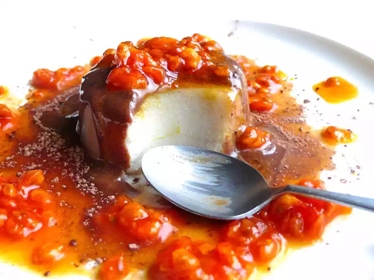 Almond pannacotta with cacao and carob sauce and prickly pears - photo 3