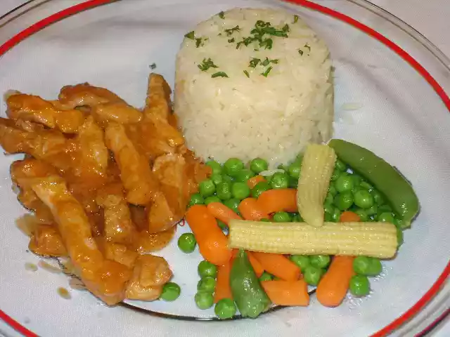 Azu style pork recipe with rice and vegetables
