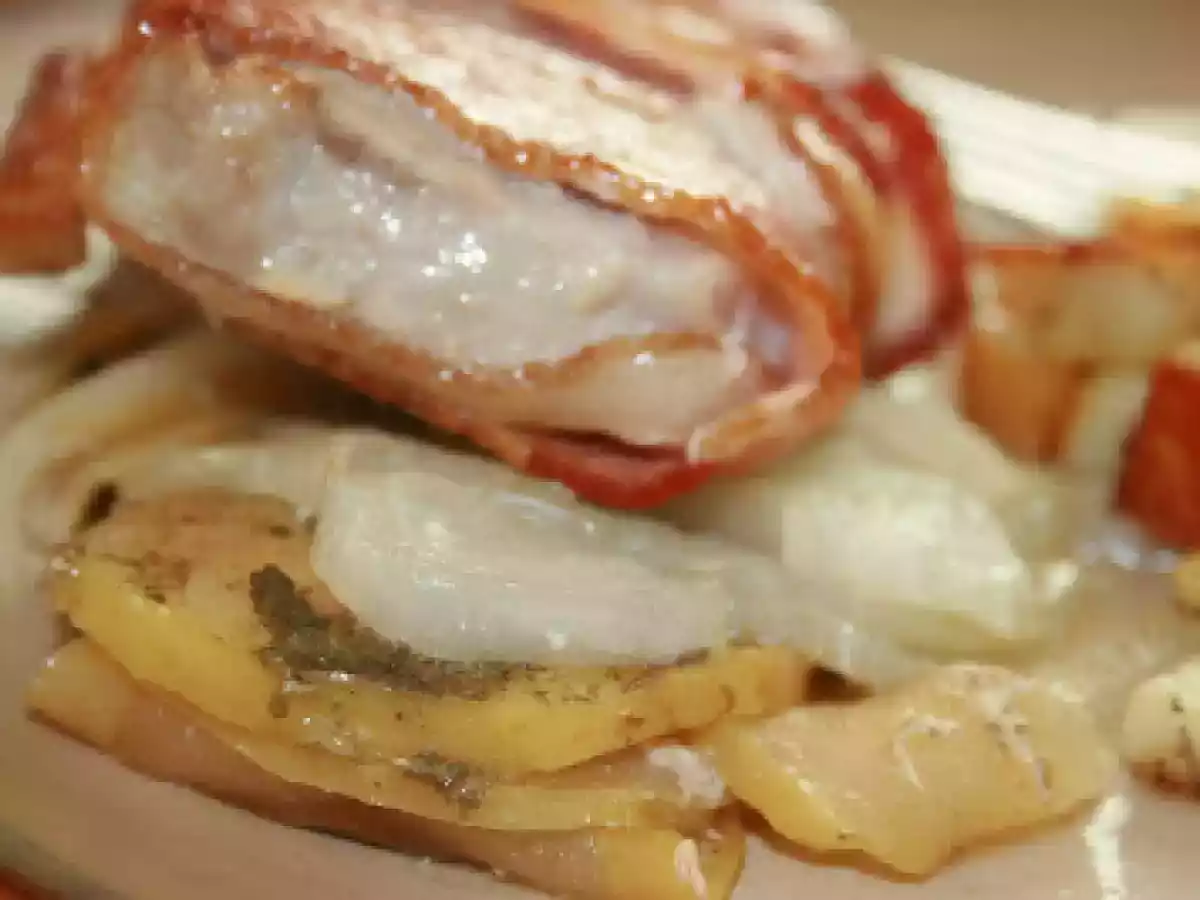 Bacon Wrapped Pork Chops with Apples and Onions