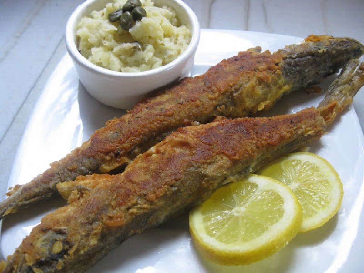 Bakaliarakia Tiganita kai Skordalia me Kappari--Fried Whiting with a Caper Skordalia