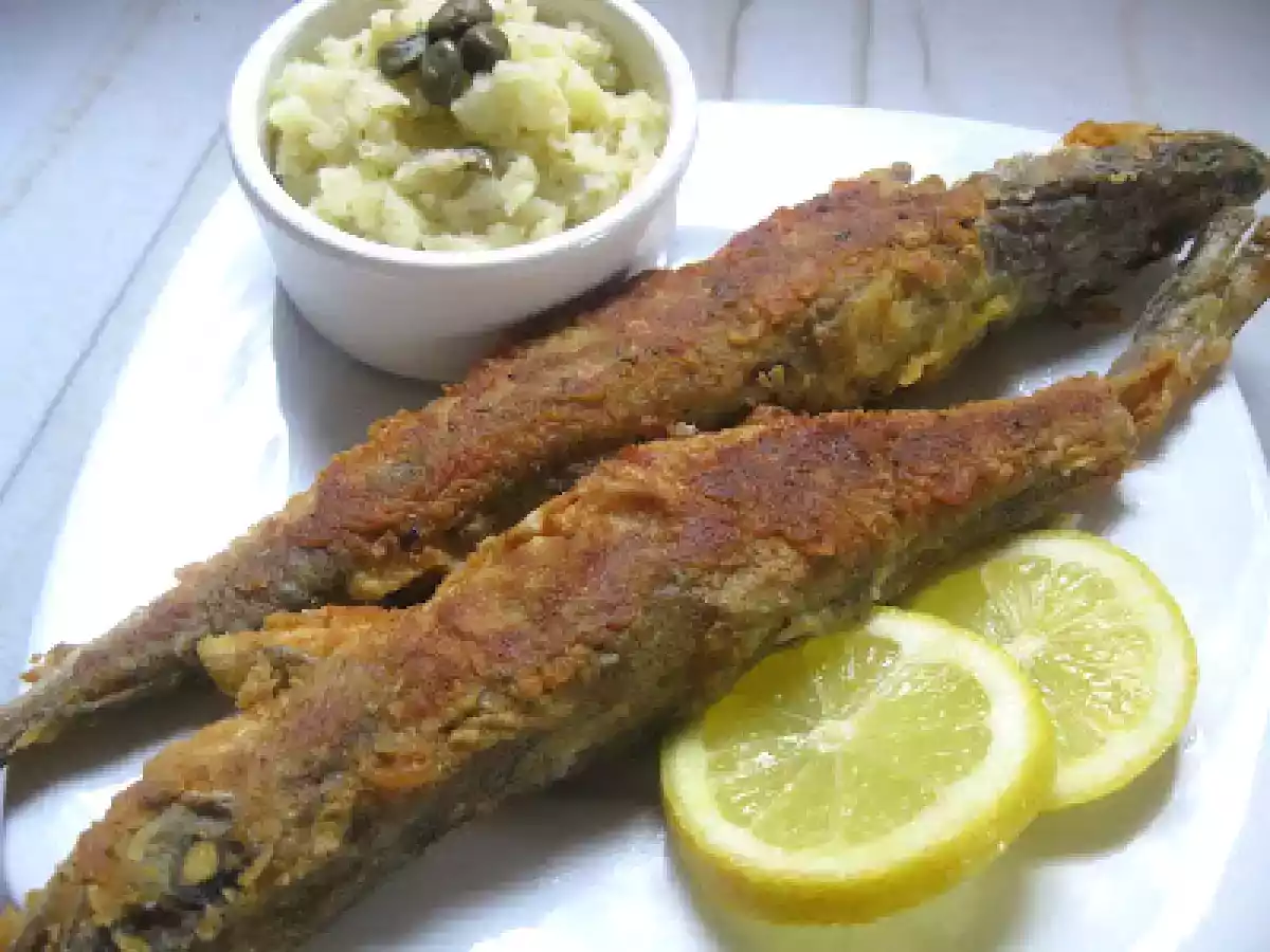 Bakaliarakia Tiganita kai Skordalia me Kappari--Fried Whiting with a Caper Skordalia