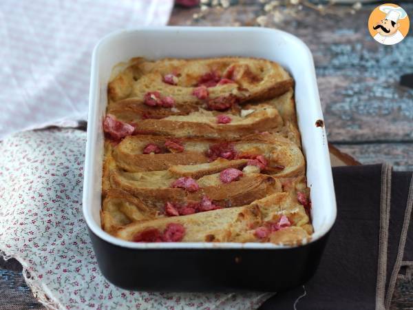 Baked french toast with pink pralines topping - ultra indulgent recipe