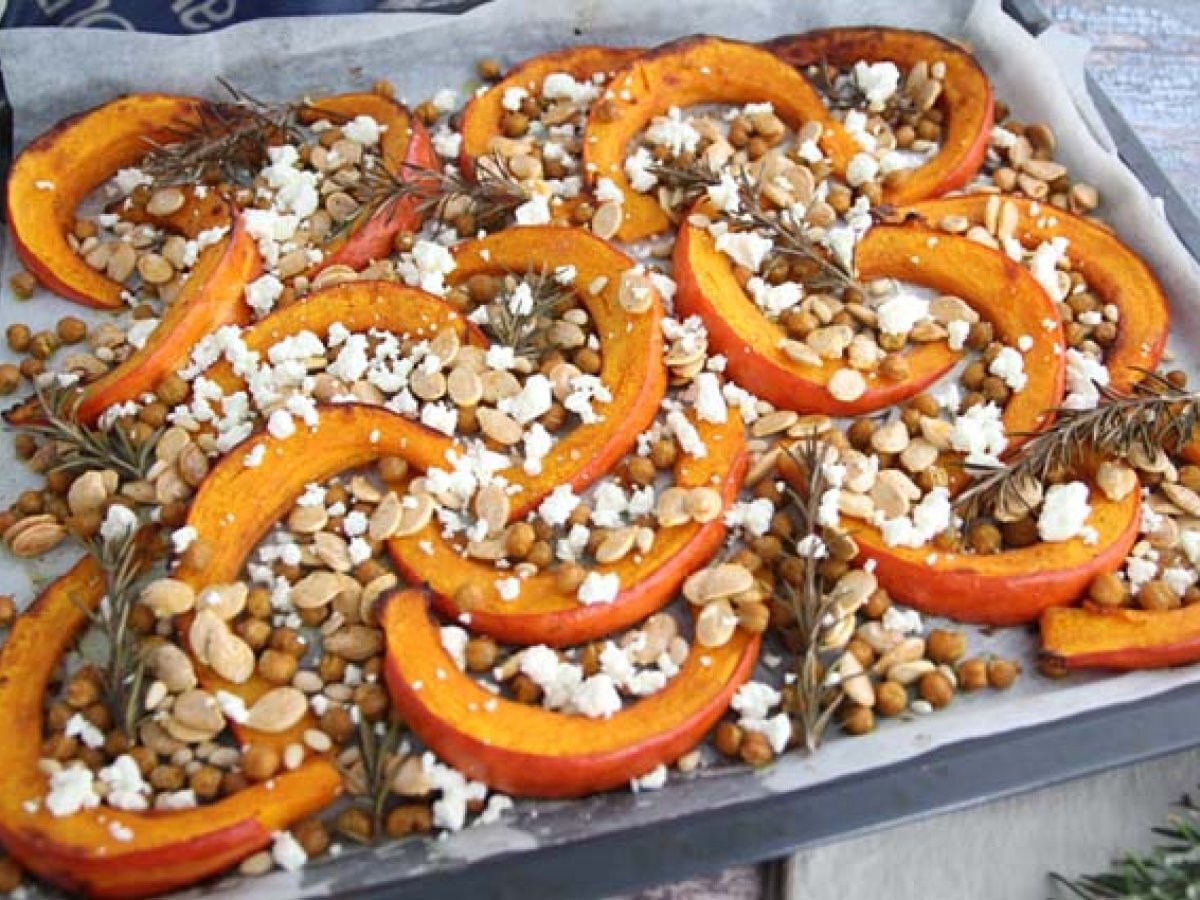 Baked pumpkin and chickpeas, rosemary and feta cheese