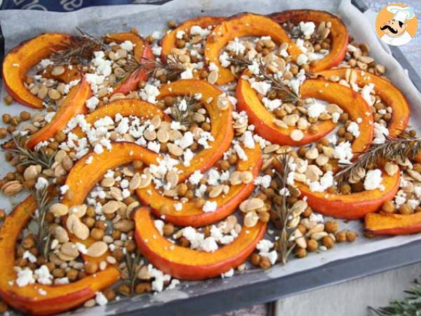 Baked pumpkin and chickpeas with rosemary and feta