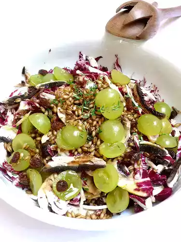 Barley, veggie & fruit salad recipe with hazelnut oil