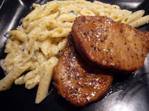 Basil Pork Chops with Caesar Penne