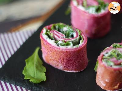 Beet crepe rolls with ricotta cheese and arugula - photo 3