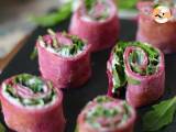 Beet crepe rolls with ricotta cheese and arugula, photo 1