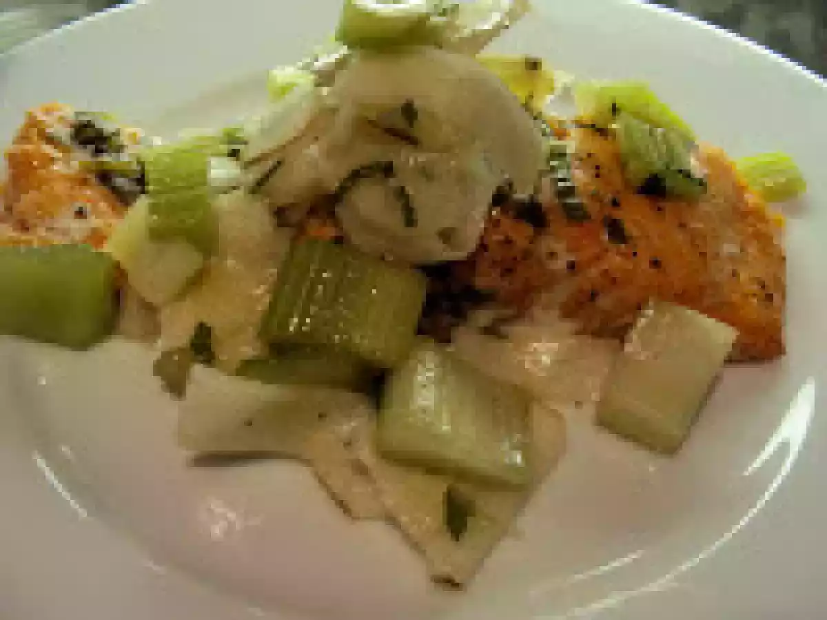 Black radish salad with jerusalem artichoke over cold salmon