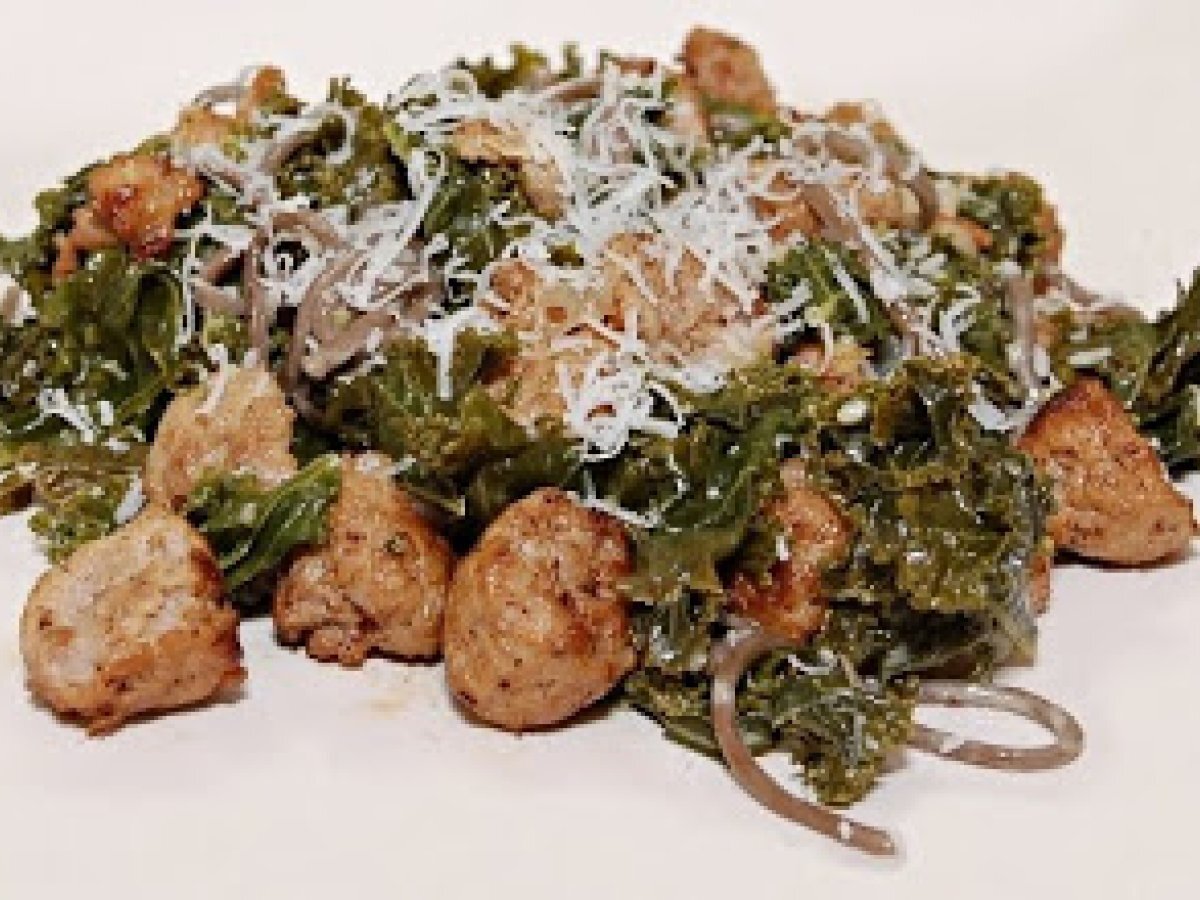 Braised Kale with Soba Noodles and Turkey Sausages... and buddha's hand zest