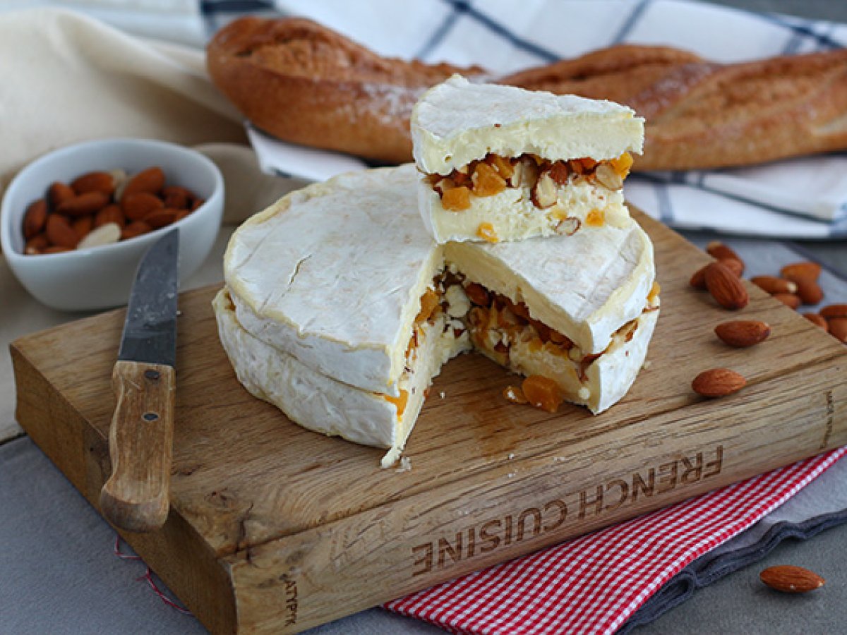 Brie cheese stuffed with apricots and almonds