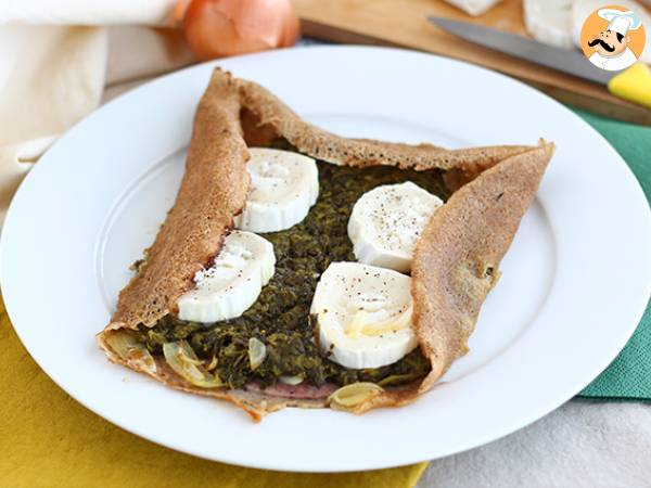 Buckwheat galette with spinach, ham, and goat cheese