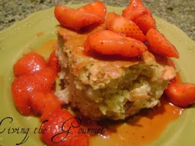 Buttermilk Pear Cake with Rum Soaked Strawberries