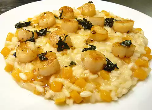 Butternut squash risotto with scallops + sage butter