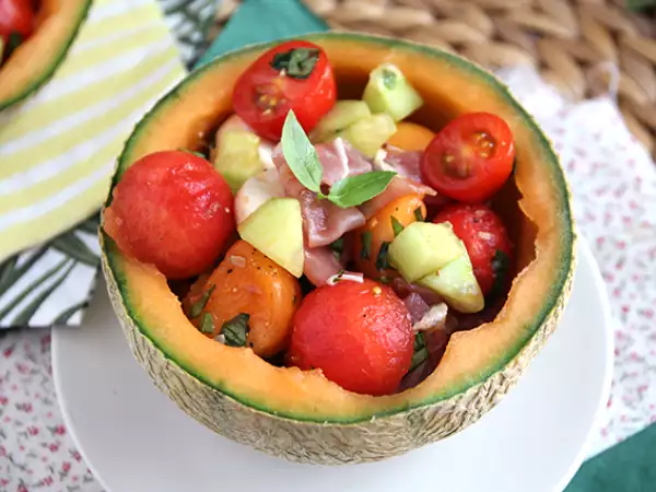 Recipe Cantaloupe salad served in a cantaloupe
