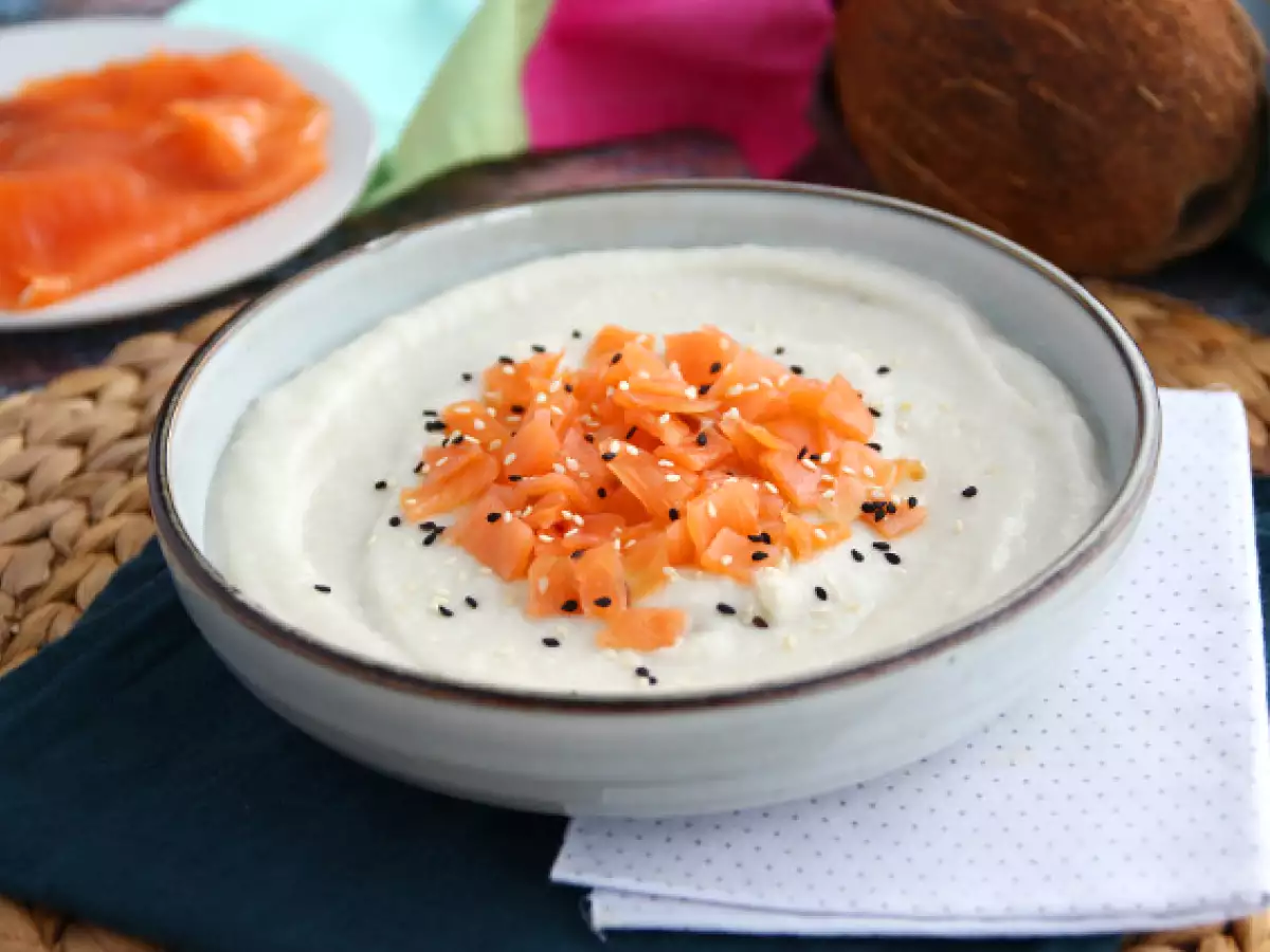 Cauliflower, coconut and smoked salmon soup