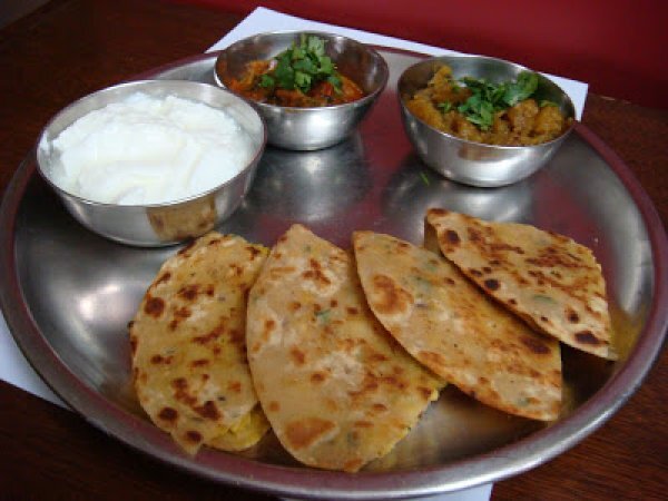 Chana Dal Paratha with tamatar ki chutney and khatta meetha kaddu