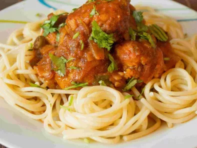 Chicken meat balls Asian style over Spaghetti