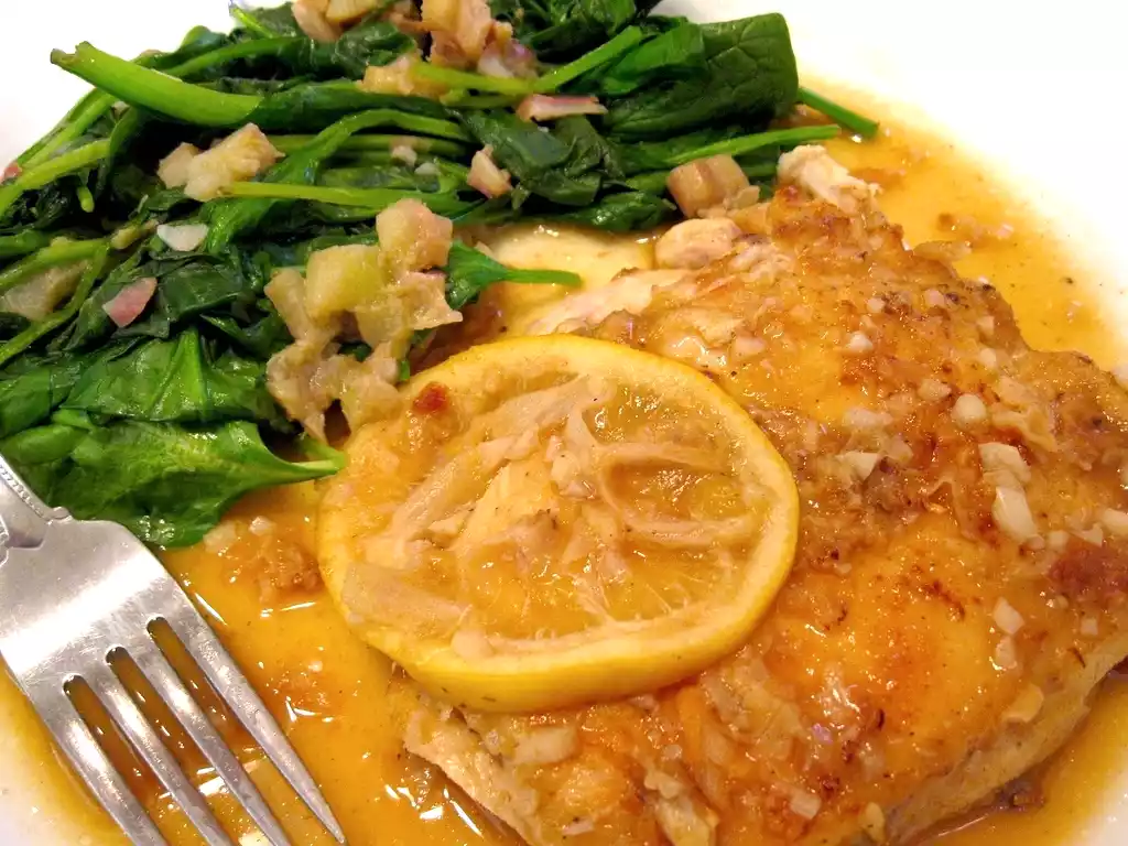 Chicken piccata recipe with wilted spinach & rhubarb