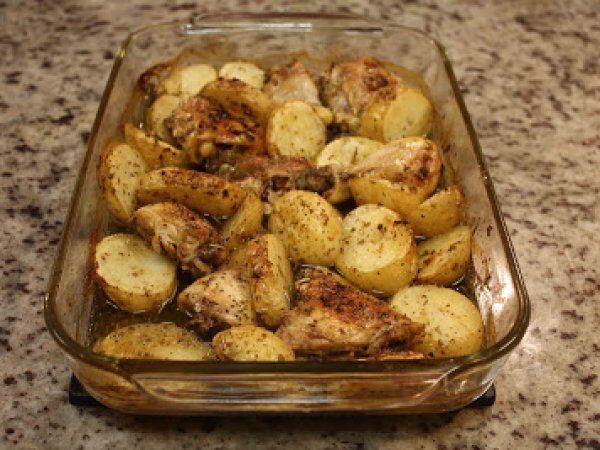 Chicken Pieces and Potato Wedges, Roasted Greek Style