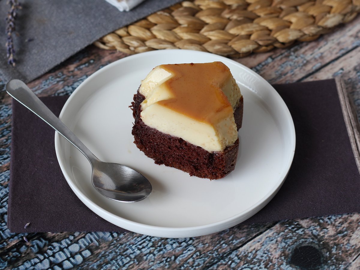 Choco flan, the perfect combination of a soft chocolate cake and a vanilla caramel flan