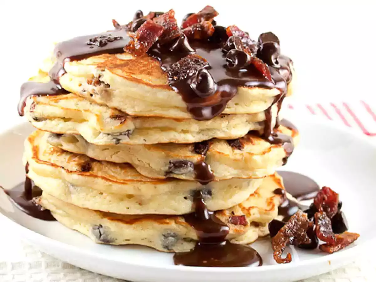 Chocolate Chip and Candied Bacon Pancakes with Nutella Maple Syrup