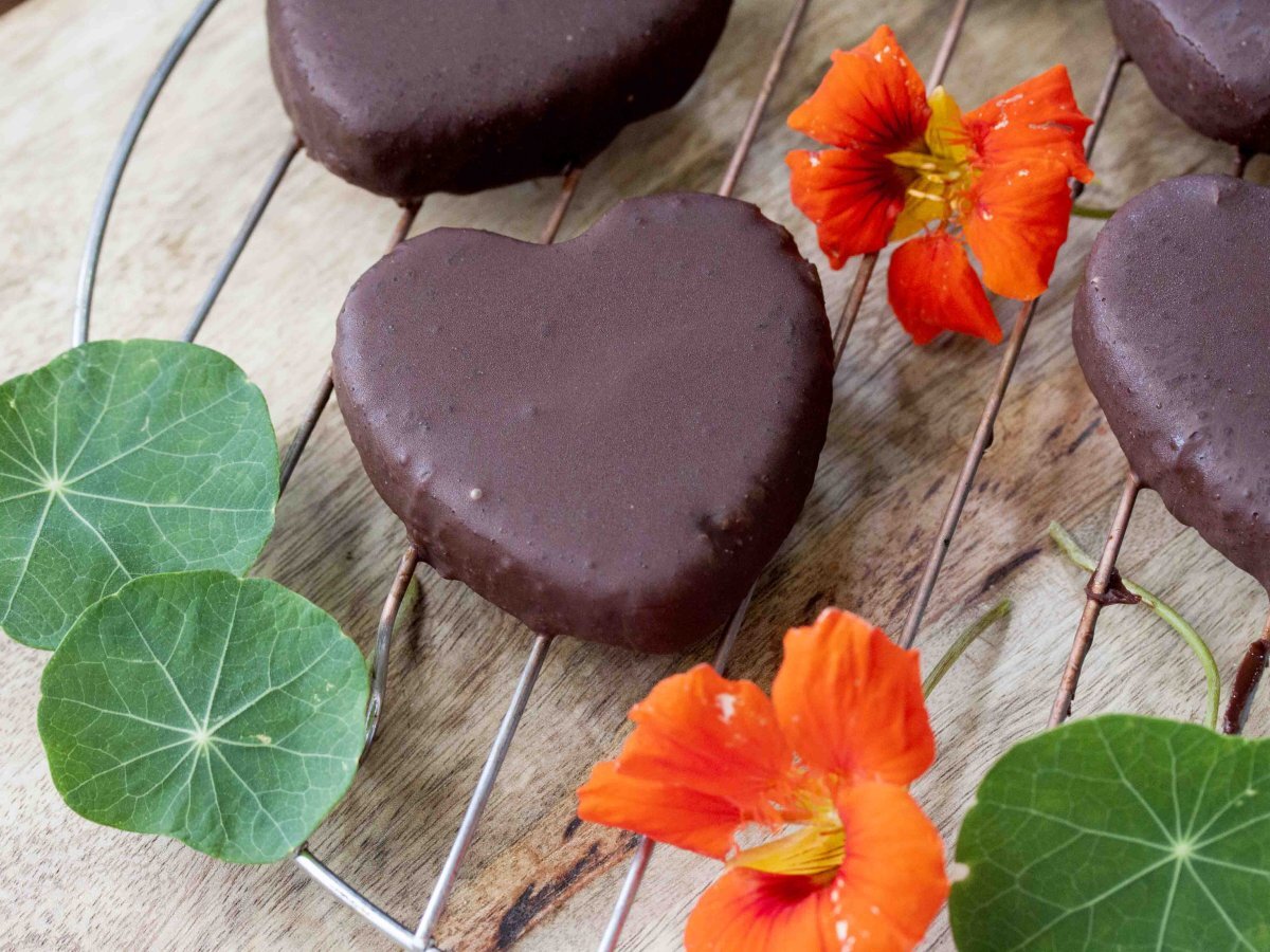 Chocolate coated banana heart cookies