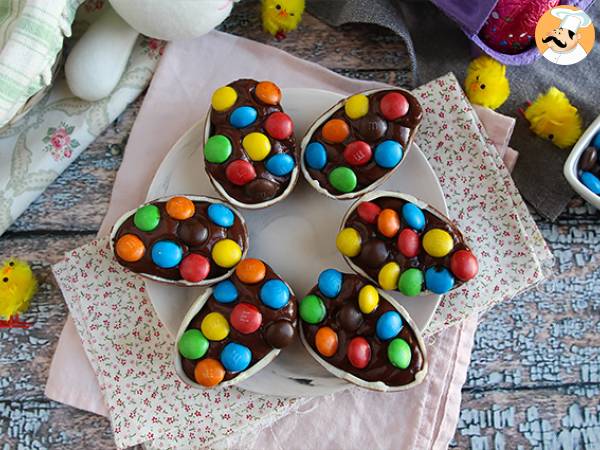 Chocolate easter eggs filled with chocolate custard and topped with m&m's